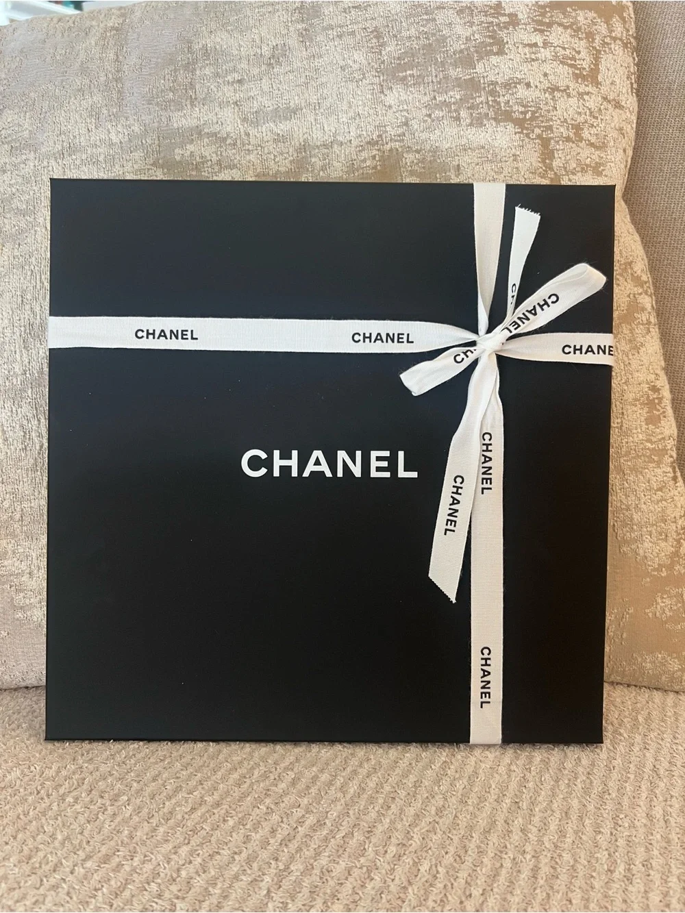 CHANEL Black and White Logo Silk Scarf
